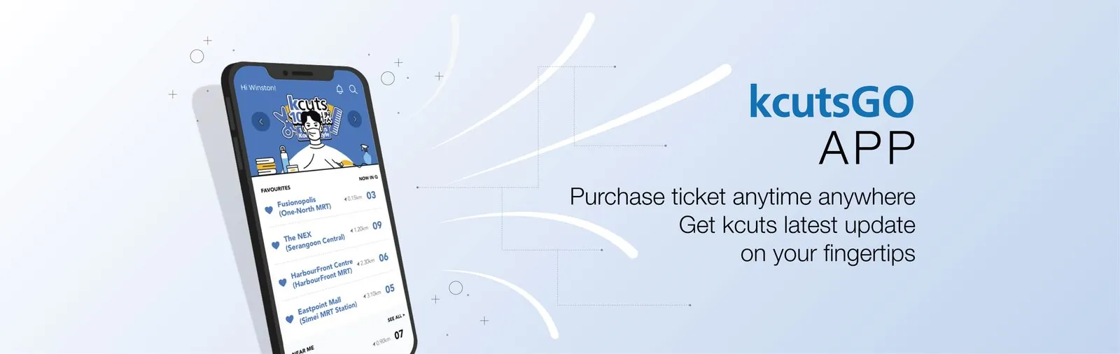 kcutsGO app on a phone: purchase your ticket anytime, anywhere and get the latest kcuts updates at your fingertips